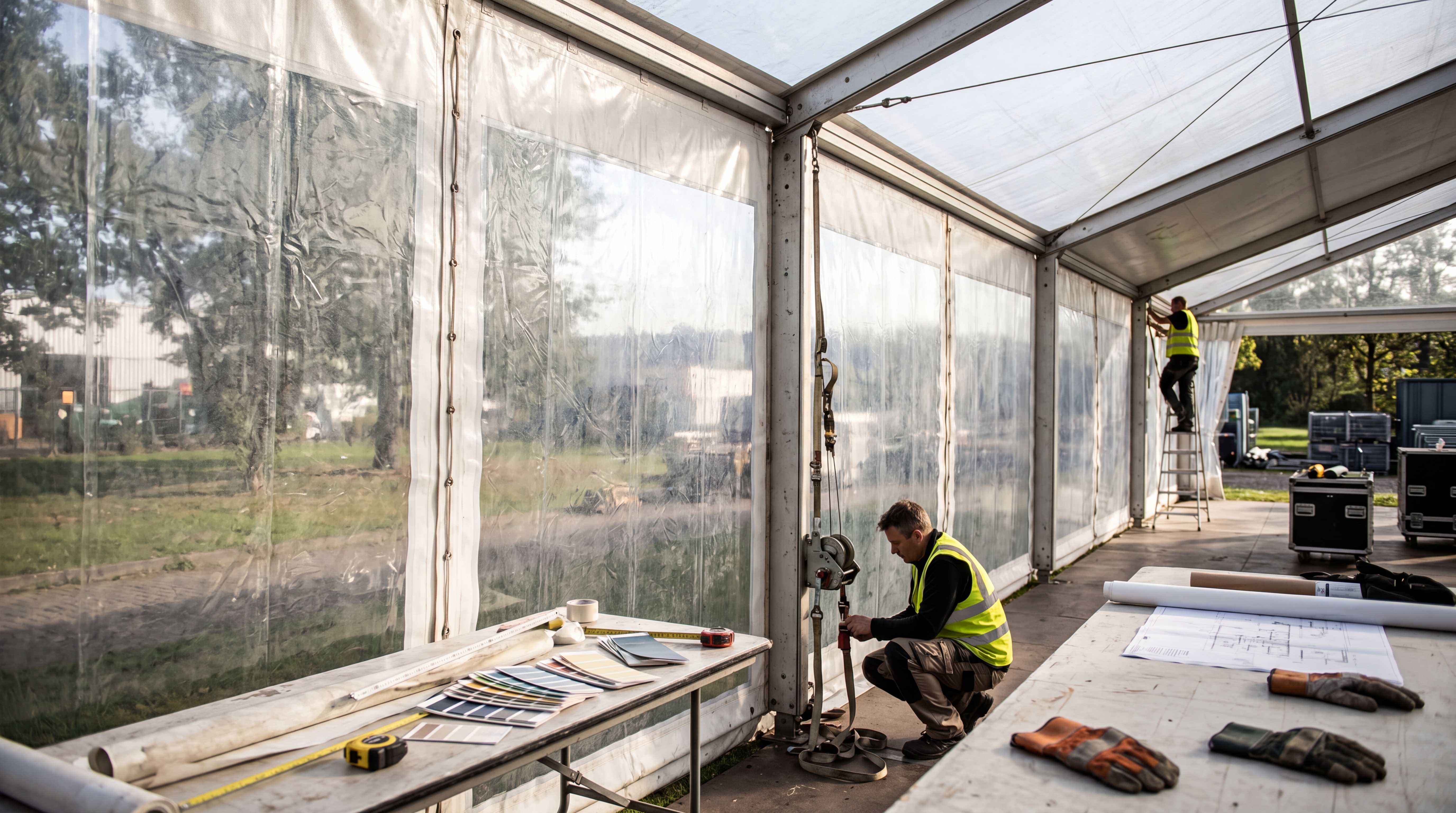Commercial tent interior installation showing PVC membrane walls, clear side panels, and on-site structural detailing for functional architecture